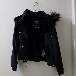Hollister Black Bomber Jacket with Fur Trim